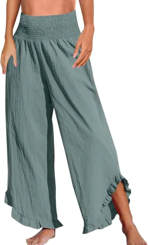 Linen Pants for Women Casual Ruffle Hem Elastic High Waisted Summer Palazzo Pants Lightweight Comfy Soft Flowy Pant
