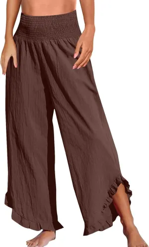 Linen Pants for Women Casual Ruffle Hem Elastic High Waisted Summer Palazzo Pants Lightweight Comfy Soft Flowy Pant