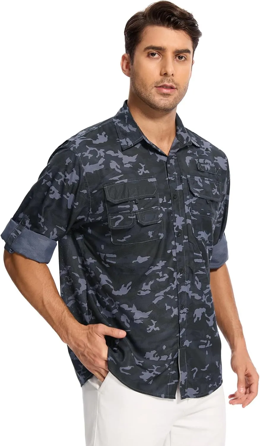 linlon Mens Safari Shirts Long Sleeve UV Protection Hiking Fishing UPF 50  Quick Dry Cooling Camping Travel Shirts