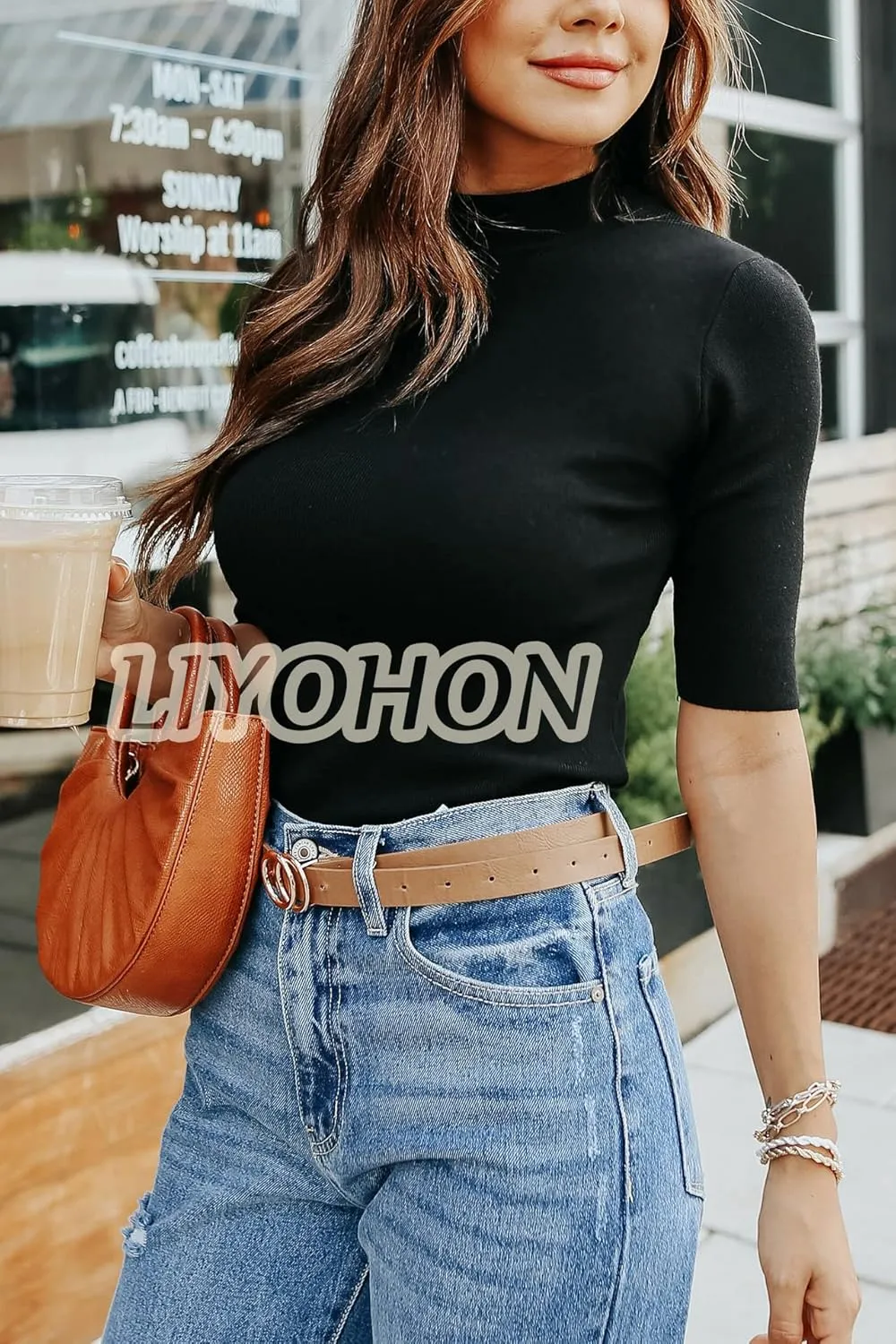 LIYOHON Womens Tops Dressy Casual Mock Turtleneck Business Short Sleeve T Shirts Going Out Tops 2025