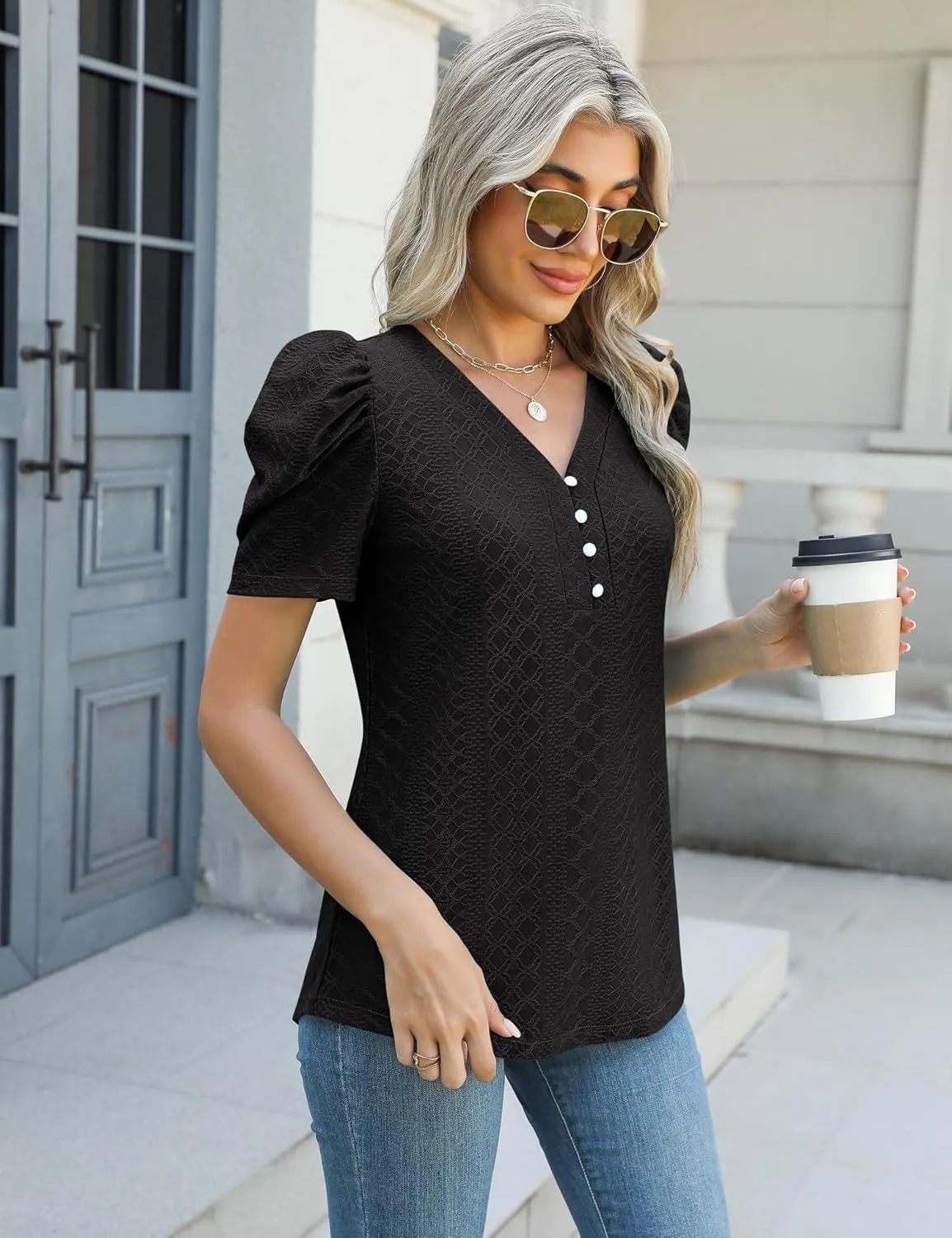 LOMON Womens Puff Short Sleeve Shirt Summer Tops V Neck Casual T Shirts Loose Fit Blouses