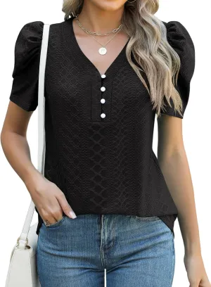 LOMON Womens Puff Short Sleeve Shirt Summer Tops V Neck Casual T Shirts Loose Fit Blouses