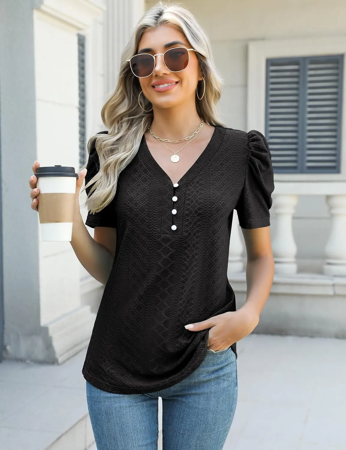 LOMON Womens Puff Short Sleeve Shirt Summer Tops V Neck Casual T Shirts Loose Fit Blouses