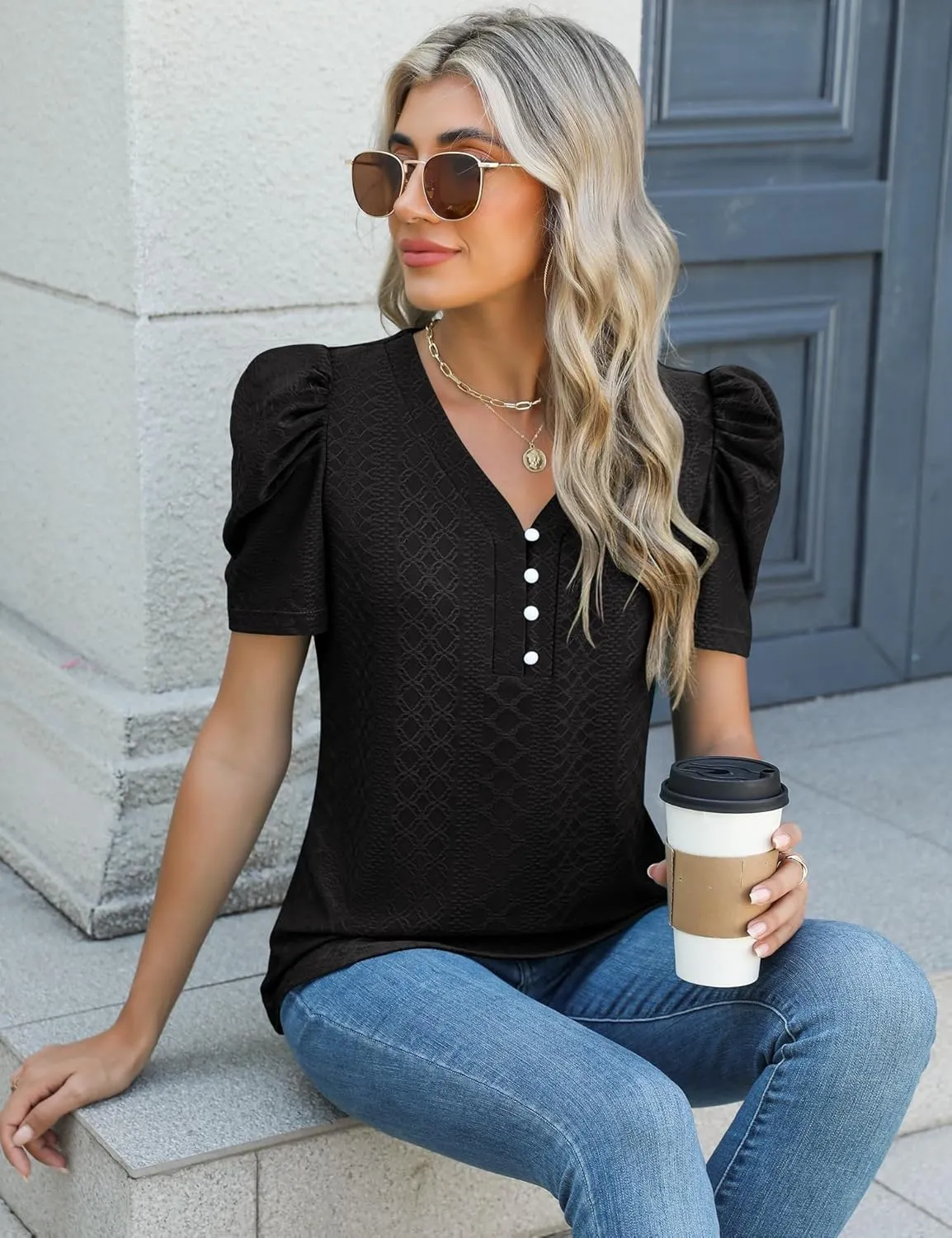 LOMON Womens Puff Short Sleeve Shirt Summer Tops V Neck Casual T Shirts Loose Fit Blouses