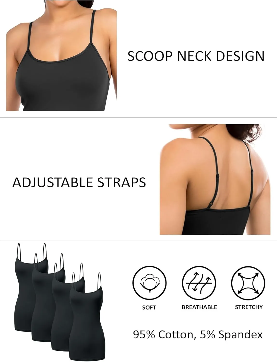 Long Cotton Camisole Spaghetti Strap Tank Top for Women Basic Cami Tops Womens Undershirts - Pack 1-4