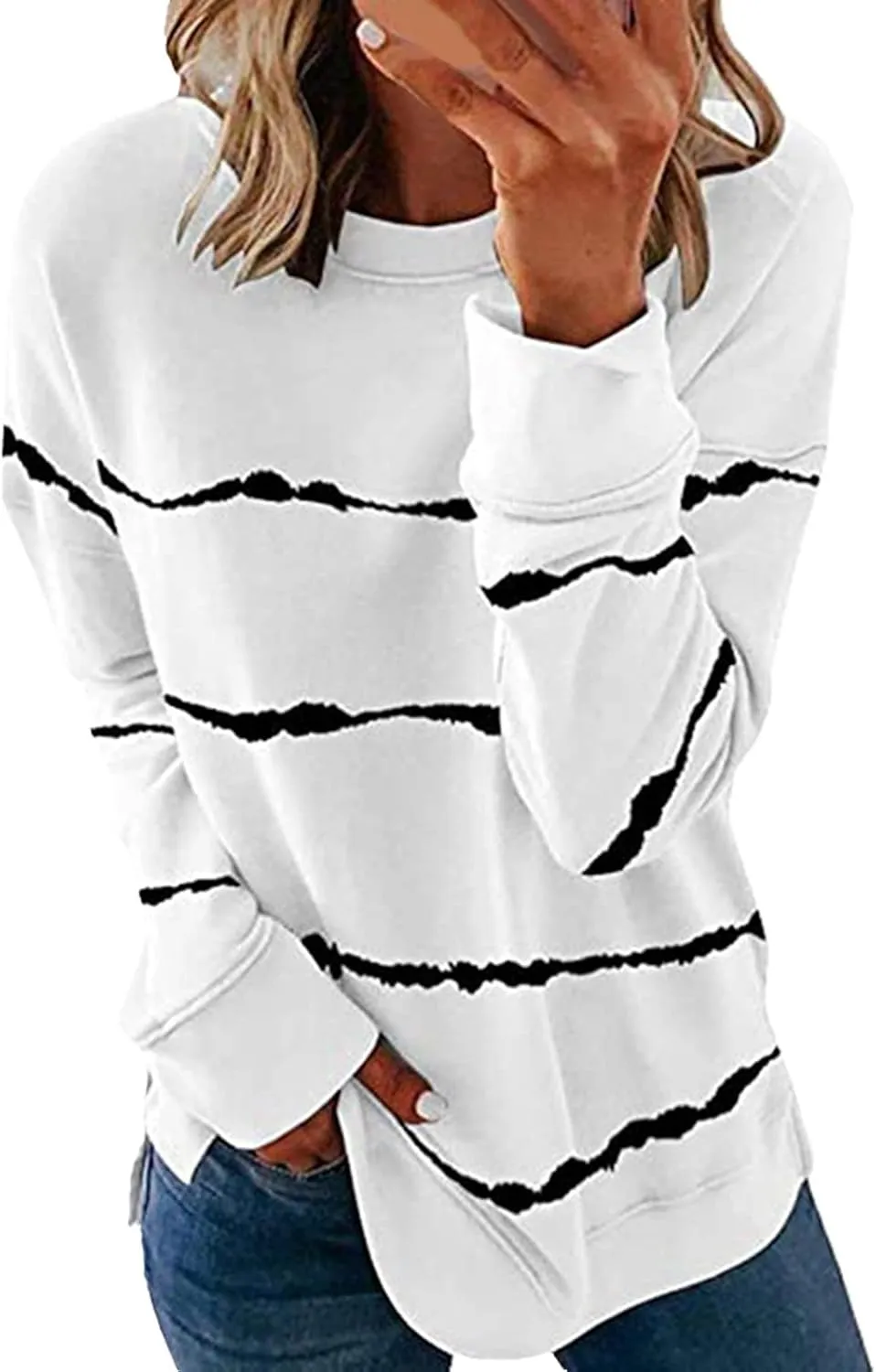 Long Sleeve Shirts for Womens, Women Casual Long Sleeve Crewneck Sweatshirt Striped Printed Loose Pullover Tops Shirts