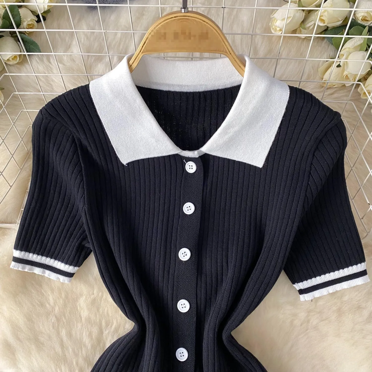 Mandonce Knit Sets Two Piece Women Short Sleeve High Elastic Polo Neck Button Down Shirts with High Waist Pleated Midi Skirt