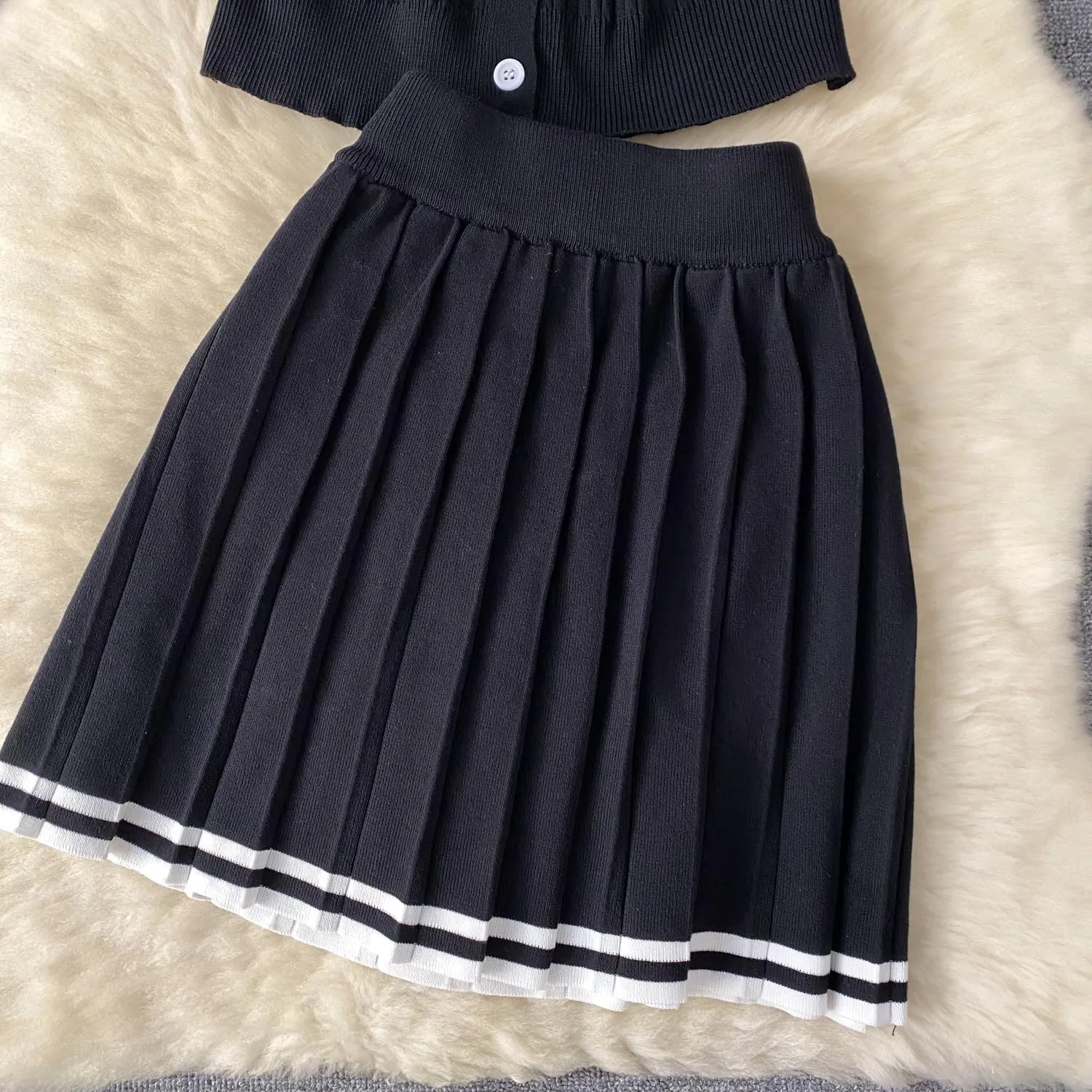 Mandonce Knit Sets Two Piece Women Short Sleeve High Elastic Polo Neck Button Down Shirts with High Waist Pleated Midi Skirt