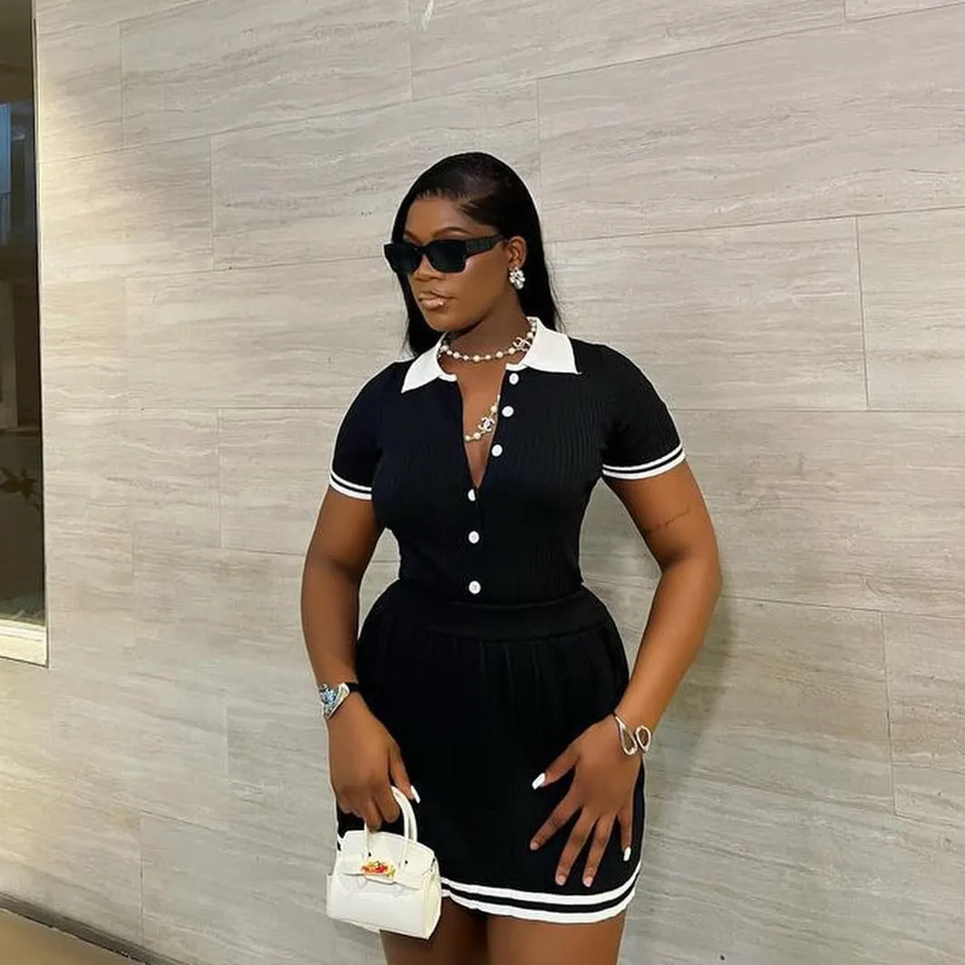 Mandonce Knit Sets Two Piece Women Short Sleeve High Elastic Polo Neck Button Down Shirts with High Waist Pleated Midi Skirt