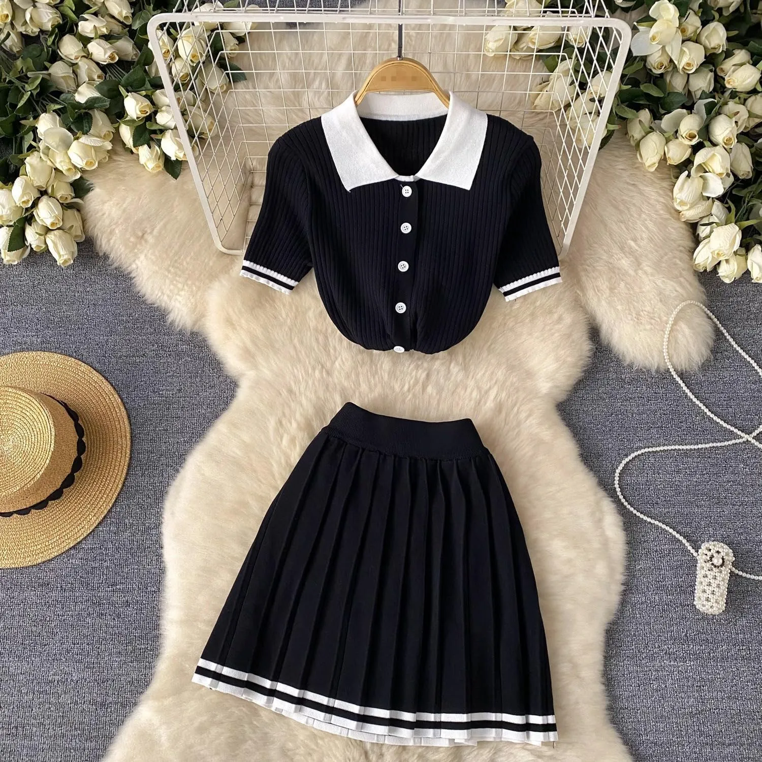 Mandonce Knit Sets Two Piece Women Short Sleeve High Elastic Polo Neck Button Down Shirts with High Waist Pleated Midi Skirt