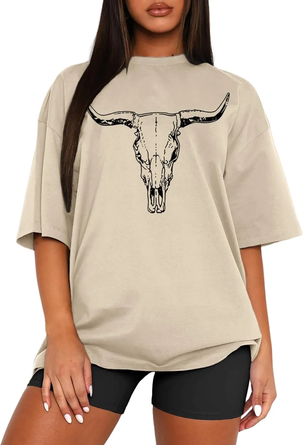 MAPICK Women Boho Cow Skull T-Shirts Western Cowgirls Graphic Crewneck Shirts Country Concert Short Sleeve Outfits