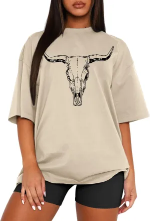 MAPICK Women Boho Cow Skull T-Shirts Western Cowgirls Graphic Crewneck Shirts Country Concert Short Sleeve Outfits