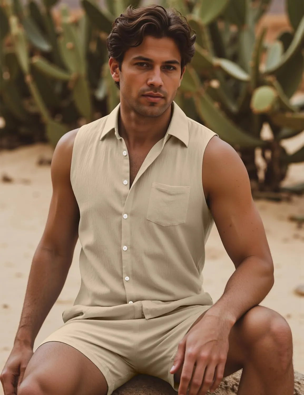 Marvmys Men's 2 Pieces Cotton Linen Set Sleeveless Button Down Shirts Summer Beach Shorts Casual Outfits