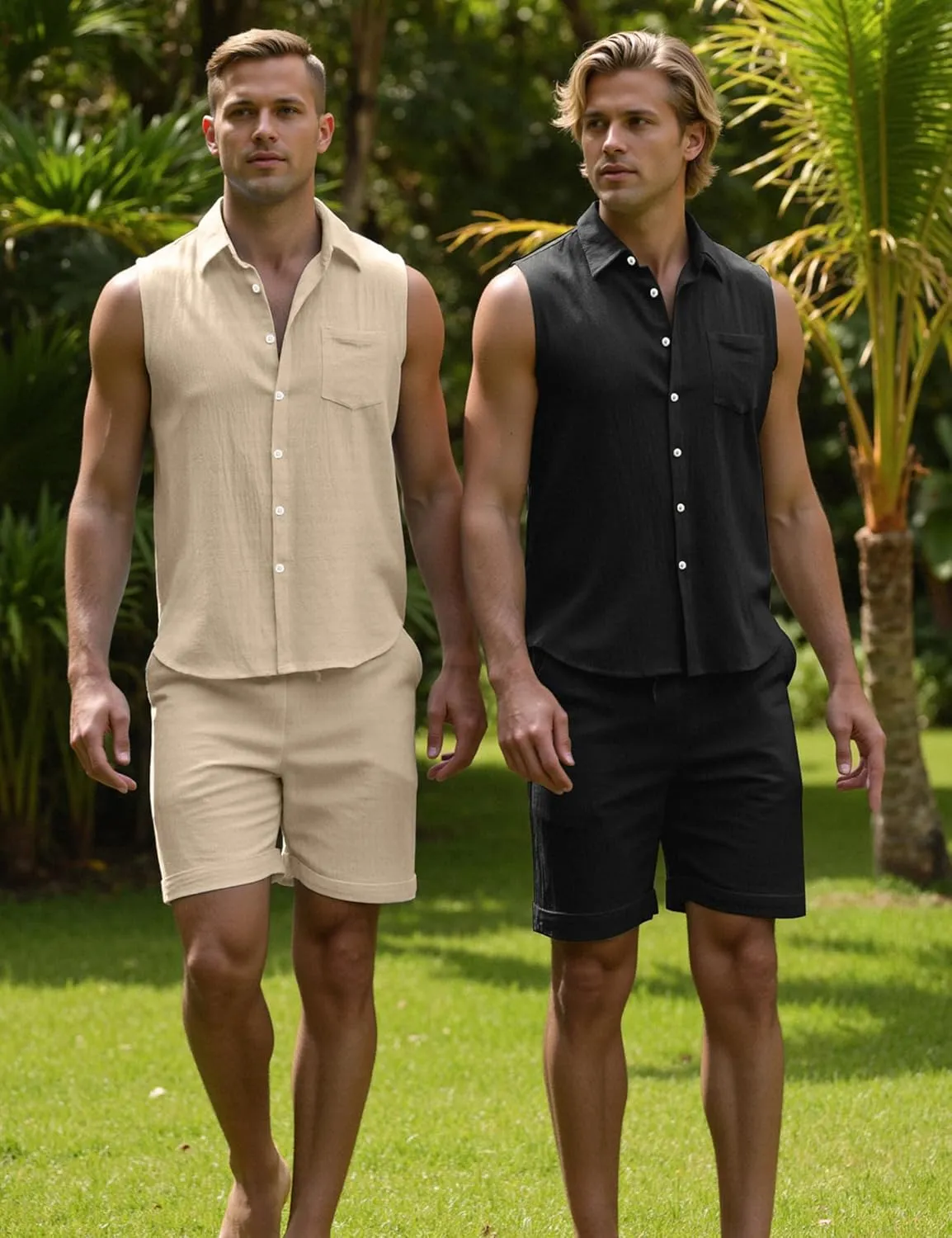 Marvmys Men's 2 Pieces Cotton Linen Set Sleeveless Button Down Shirts Summer Beach Shorts Casual Outfits