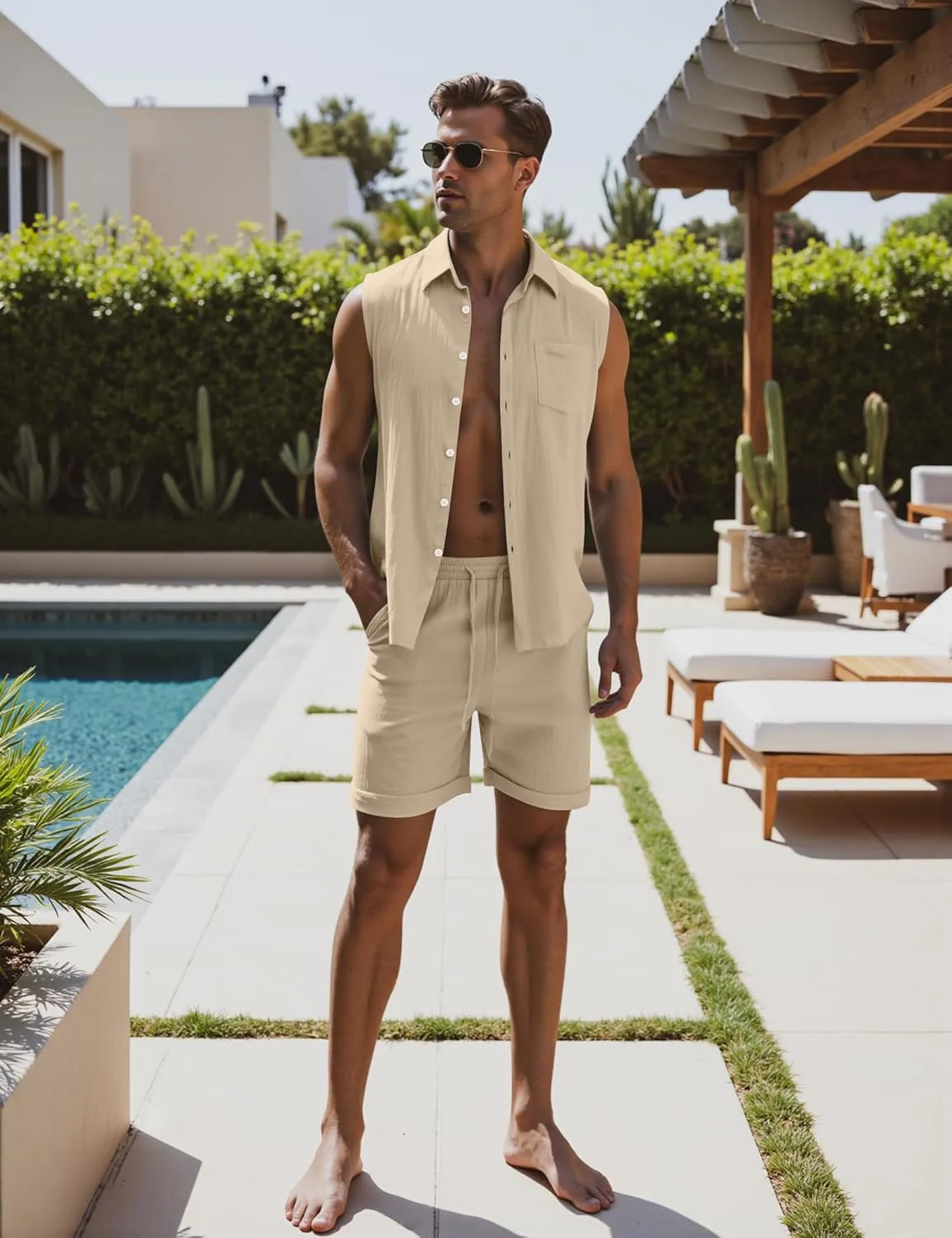 Marvmys Men's 2 Pieces Cotton Linen Set Sleeveless Button Down Shirts Summer Beach Shorts Casual Outfits