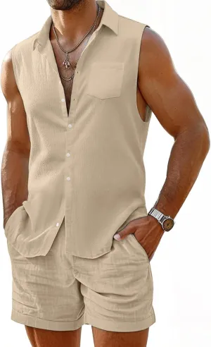 Marvmys Men's 2 Pieces Cotton Linen Set Sleeveless Button Down Shirts Summer Beach Shorts Casual Outfits
