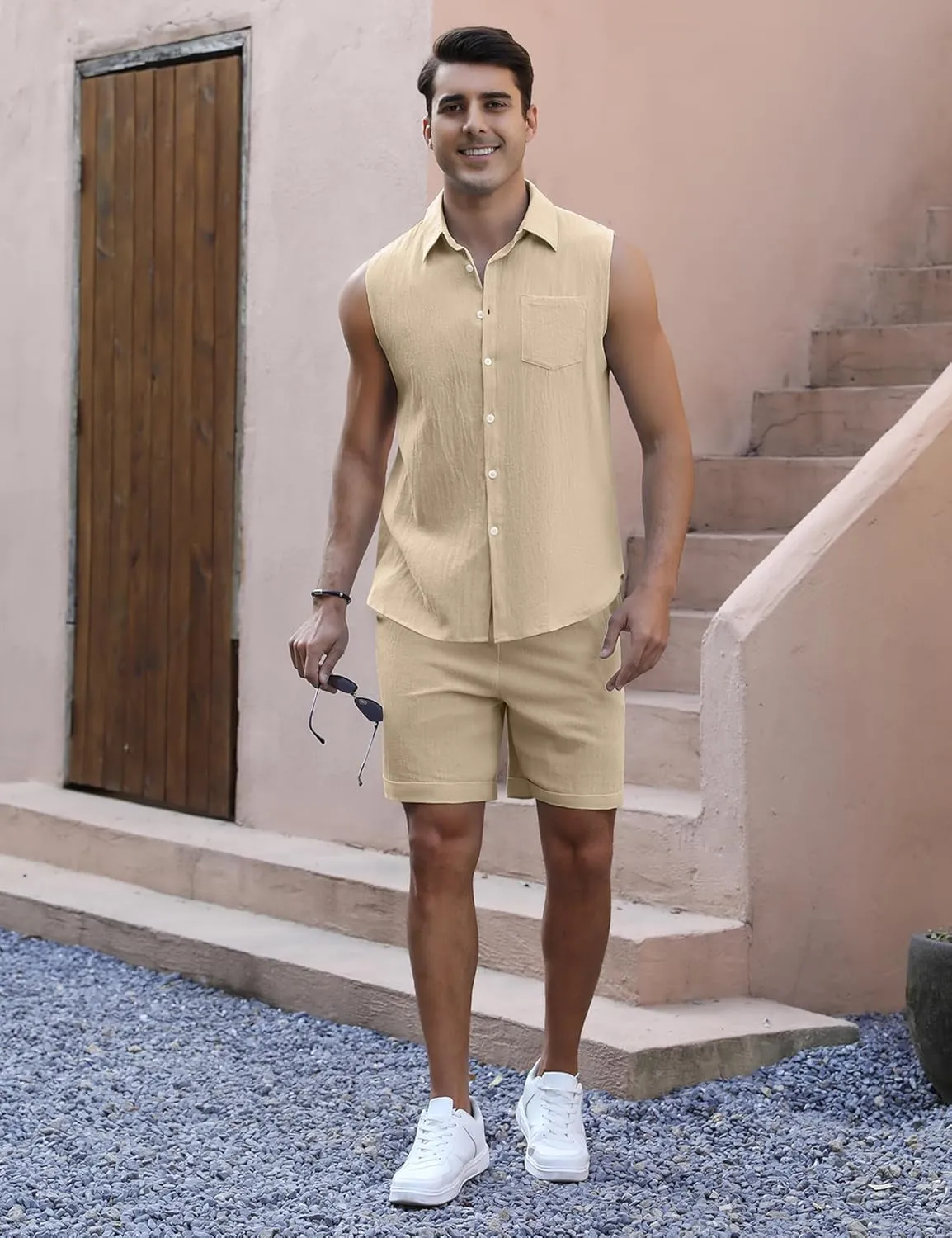 Marvmys Men's 2 Pieces Cotton Linen Set Sleeveless Button Down Shirts Summer Beach Shorts Casual Outfits