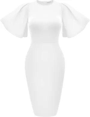 Memoriesea Women's Basic Bodycon Ruffle Flared Short Sleeve Pencil Midi Dress
