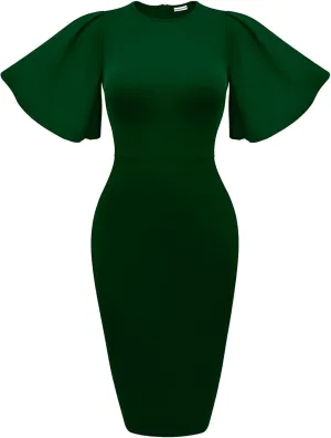 Memoriesea Women's Basic Bodycon Ruffle Flared Short Sleeve Pencil Midi Dress