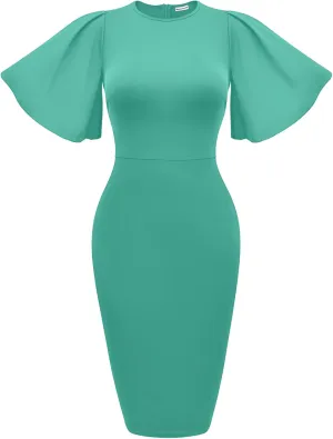 Memoriesea Women's Basic Bodycon Ruffle Flared Short Sleeve Pencil Midi Dress