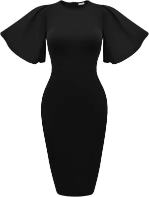 Memoriesea Women's Basic Bodycon Ruffle Flared Short Sleeve Pencil Midi Dress