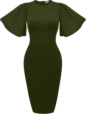 Memoriesea Women's Basic Bodycon Ruffle Flared Short Sleeve Pencil Midi Dress