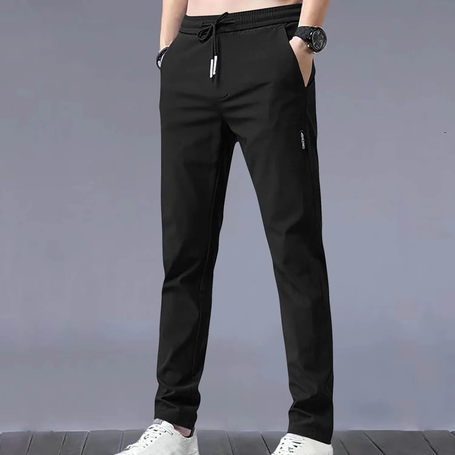 Men Slim Fit Straight Leg Pants Casual Elastic High Waist Lounge Pant Stylish Solid Athletic Workout Sport Trouser