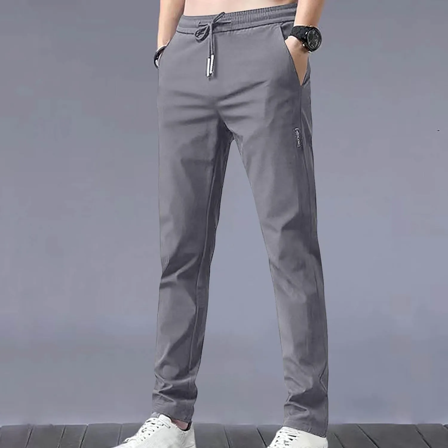 Men Slim Fit Straight Leg Pants Casual Elastic High Waist Lounge Pant Stylish Solid Athletic Workout Sport Trouser