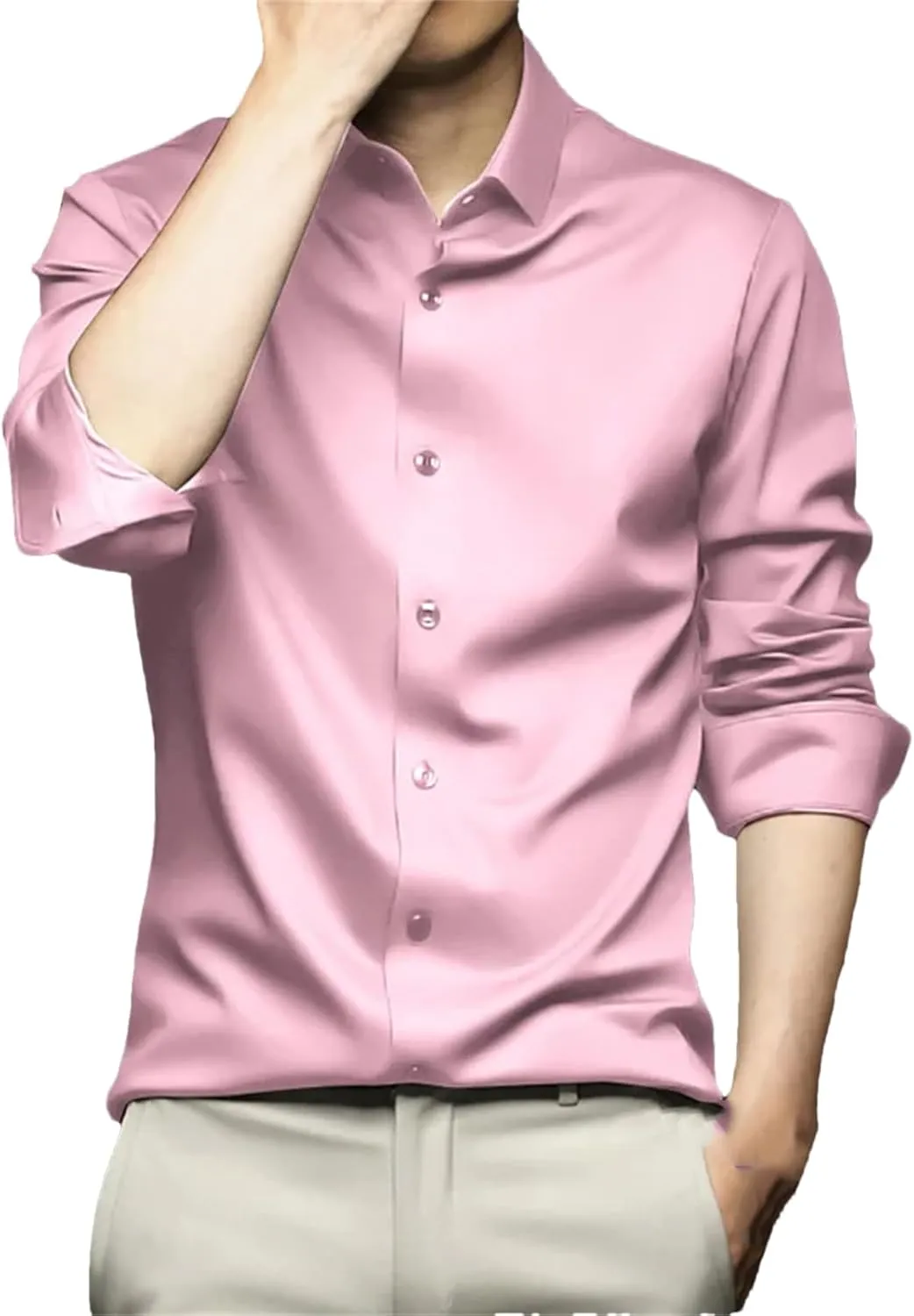 Men Wrinkle-Resistant Silk Satin Dress Shirts Wedding Groom Business Casual Shirt Non-Iron Smooth Chemise