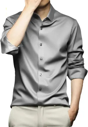 Men Wrinkle-Resistant Silk Satin Dress Shirts Wedding Groom Business Casual Shirt Non-Iron Smooth Chemise