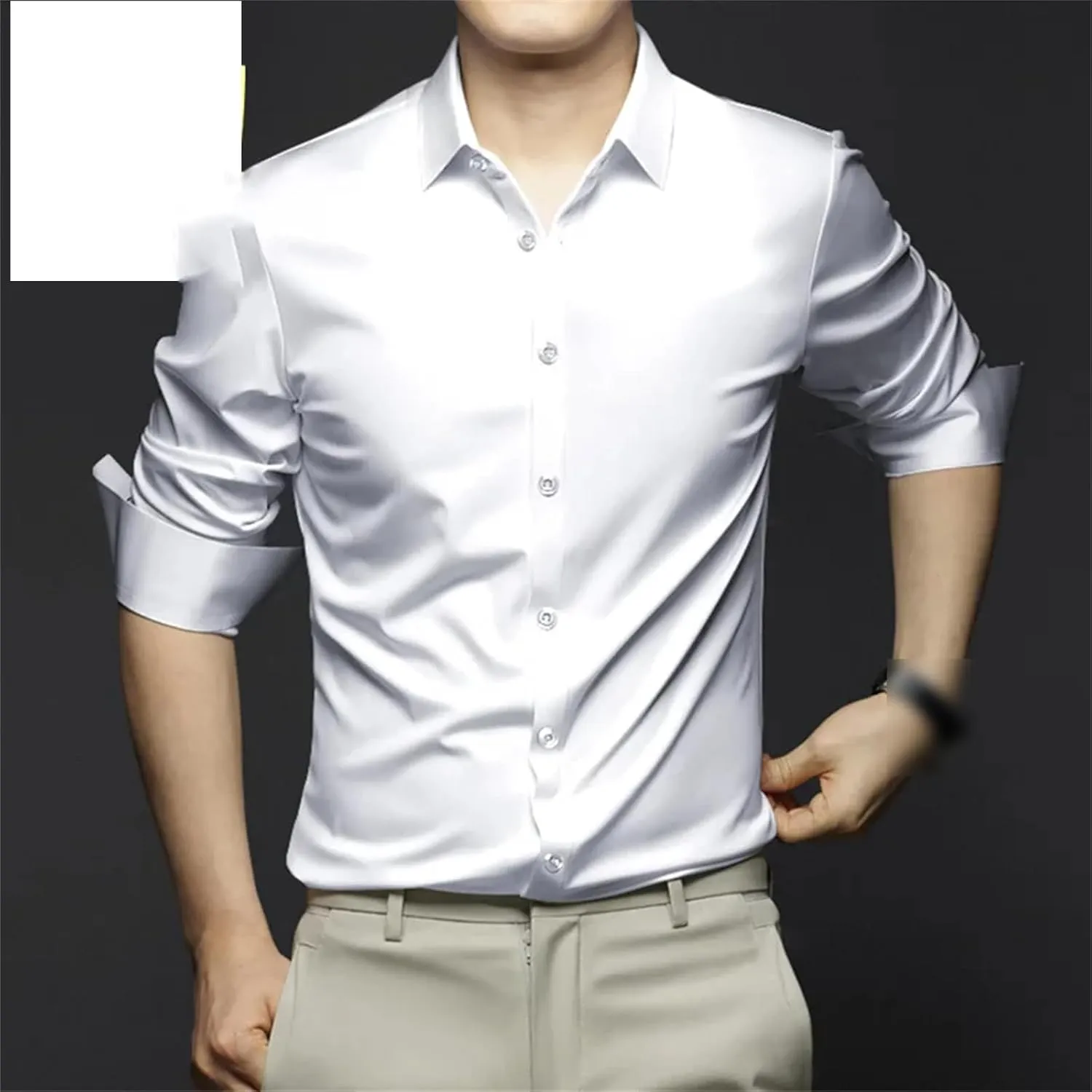 Men Wrinkle-Resistant Silk Satin Dress Shirts Wedding Groom Business Casual Shirt Non-Iron Smooth Chemise