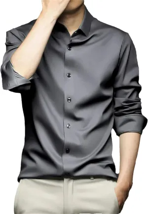 Men Wrinkle-Resistant Silk Satin Dress Shirts Wedding Groom Business Casual Shirt Non-Iron Smooth Chemise