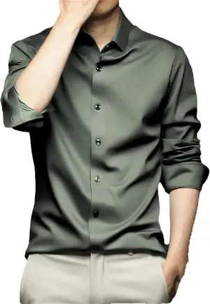 Men Wrinkle-Resistant Silk Satin Dress Shirts Wedding Groom Business Casual Shirt Non-Iron Smooth Chemise