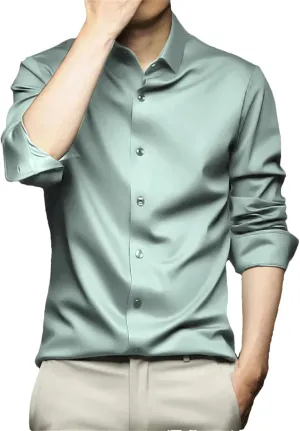 Men Wrinkle-Resistant Silk Satin Dress Shirts Wedding Groom Business Casual Shirt Non-Iron Smooth Chemise
