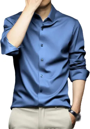 Men Wrinkle-Resistant Silk Satin Dress Shirts Wedding Groom Business Casual Shirt Non-Iron Smooth Chemise