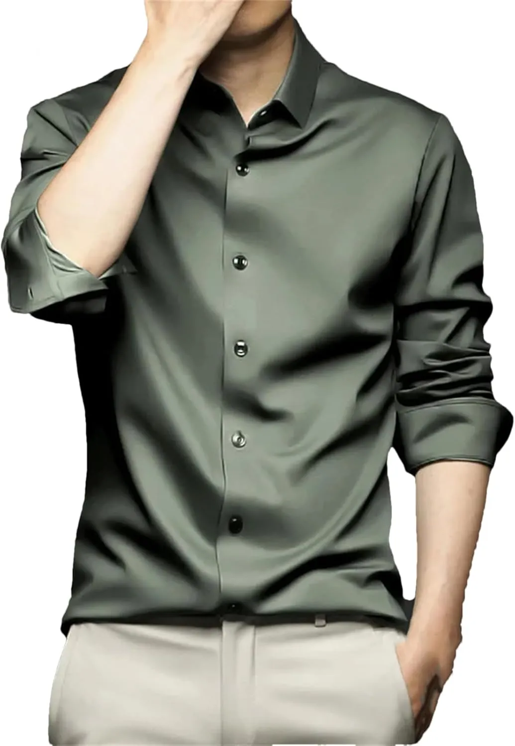 Men Wrinkle-Resistant Silk Satin Dress Shirts Wedding Groom Business Casual Shirt Non-Iron Smooth Chemise