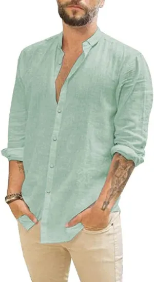 Mens Casual Long Sleeve Cotton Linen Shirts Buttons Down Solid Plain Roll-Up Sleeve Summer Beach Shirts