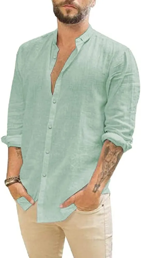 Mens Casual Long Sleeve Cotton Linen Shirts Buttons Down Solid Plain Roll-Up Sleeve Summer Beach Shirts