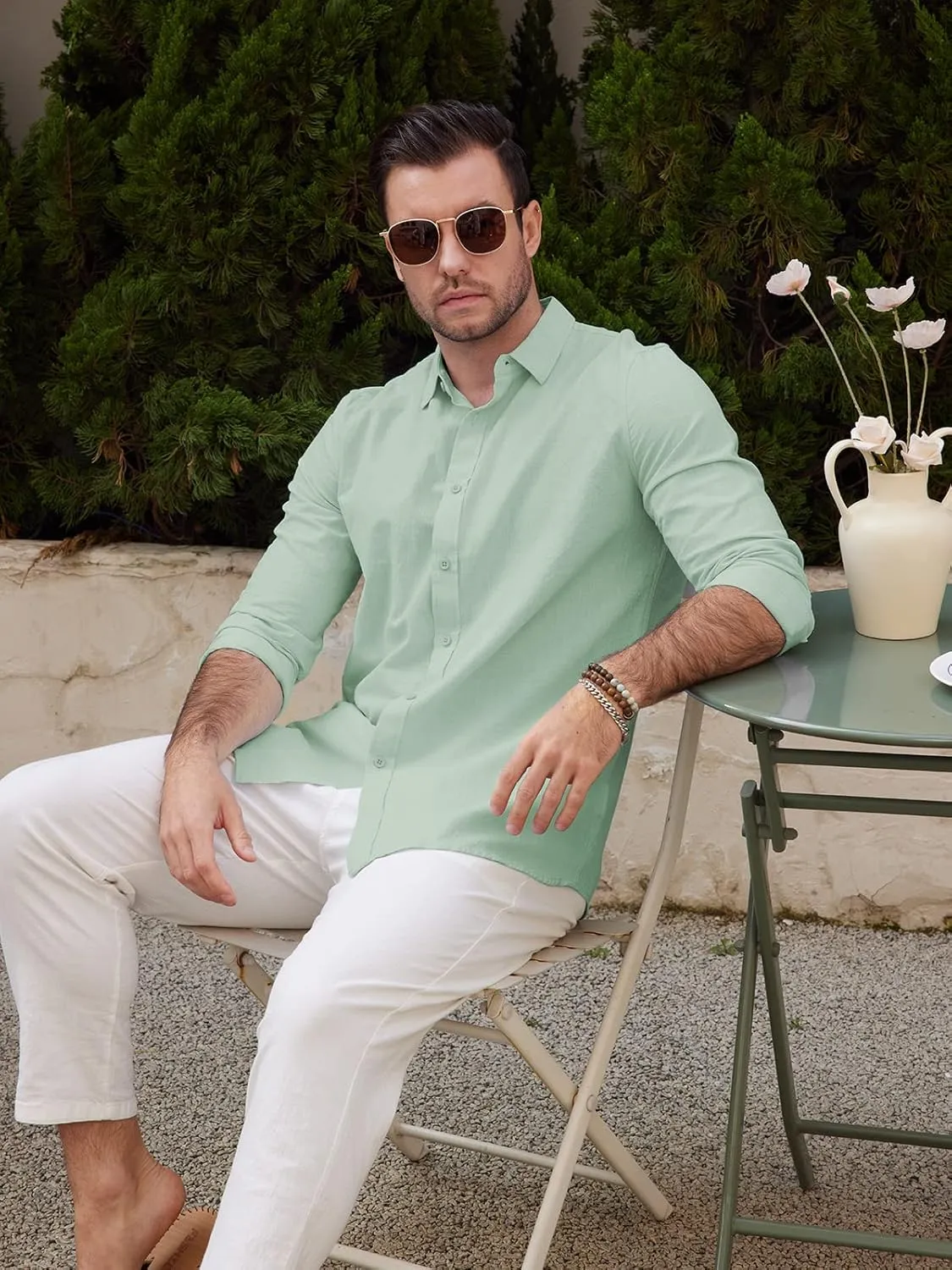 Mens Casual Long Sleeve Cotton Linen Shirts Buttons Down Solid Plain Roll-Up Sleeve Summer Beach Shirts