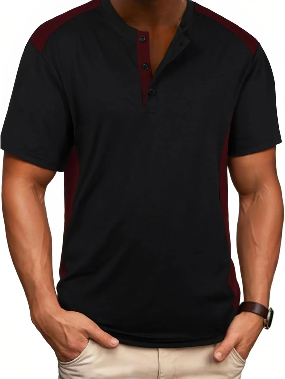 Men's Cotton Linen Henley Shirt Short Sleeve Band Collar Solid Hippie Casual Summer Beach T-Shirts with Pocket