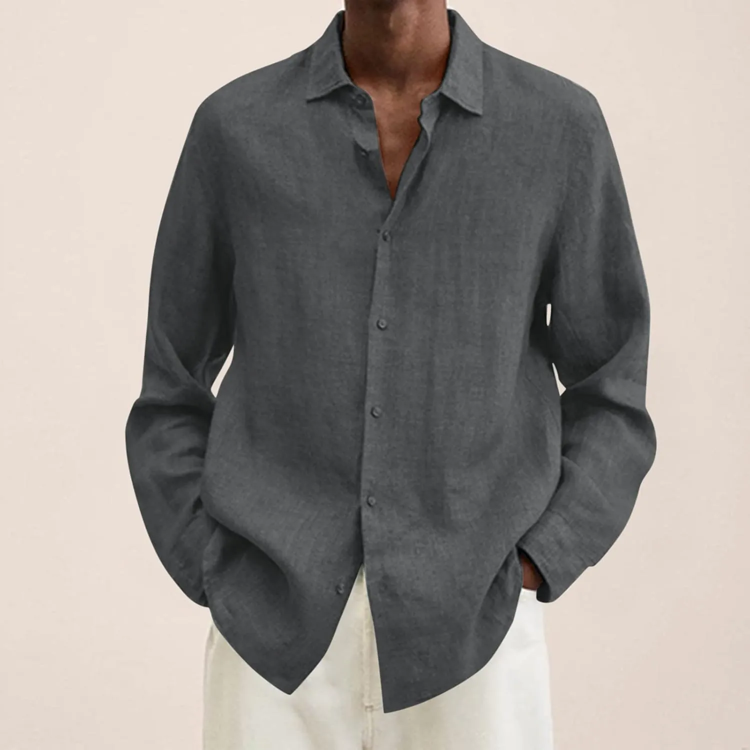 Mens Cotton Linen Long Sleeve Shirts Casual Lightweight Button Down T-shirts Summer Vacation Beach Tops Cuban Shirt