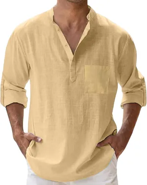 Mens Cotton Linen Shirt Henley T-Shirts Casual Button Beach Summer Short Business Dress Top Solid Lapel Tee Shirt