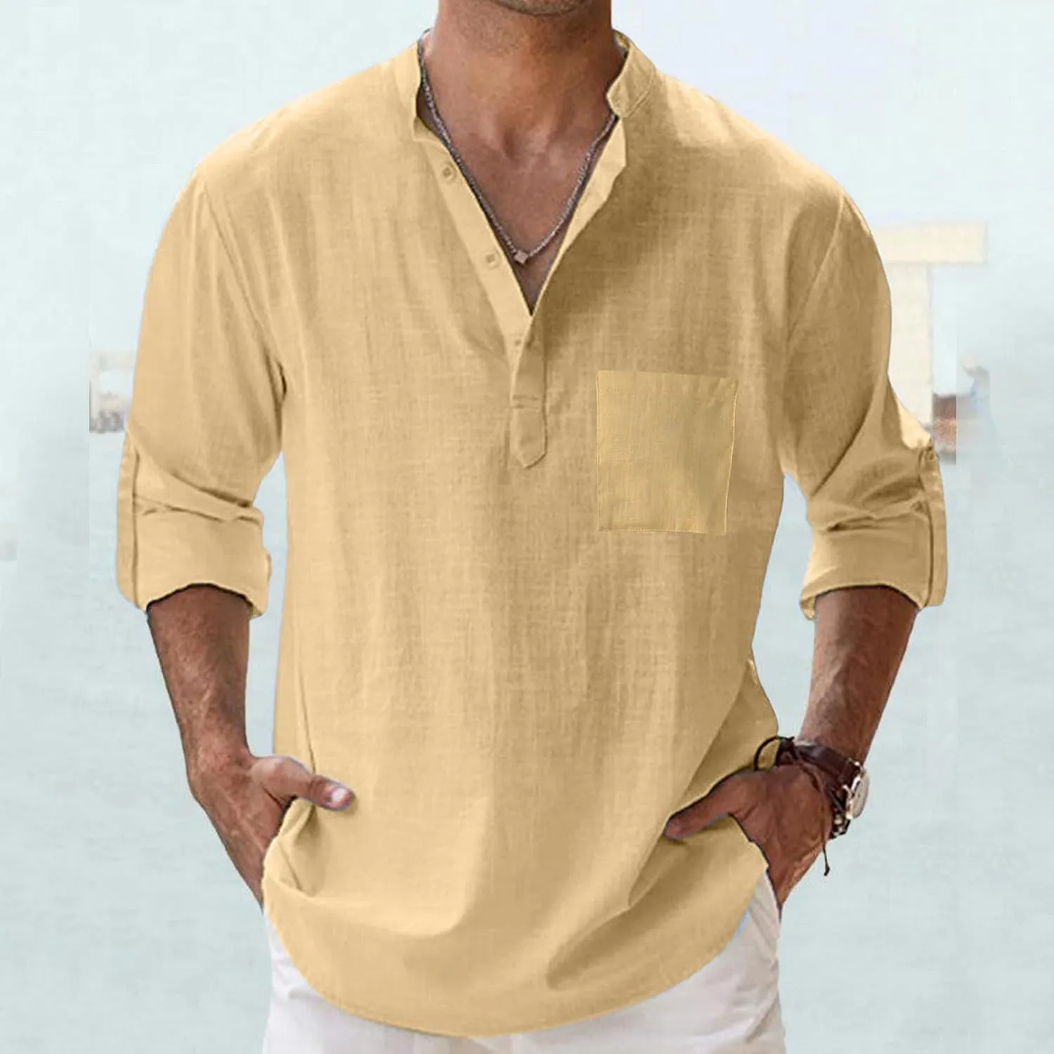 Mens Cotton Linen Shirt Henley T-Shirts Casual Button Beach Summer Short Business Dress Top Solid Lapel Tee Shirt