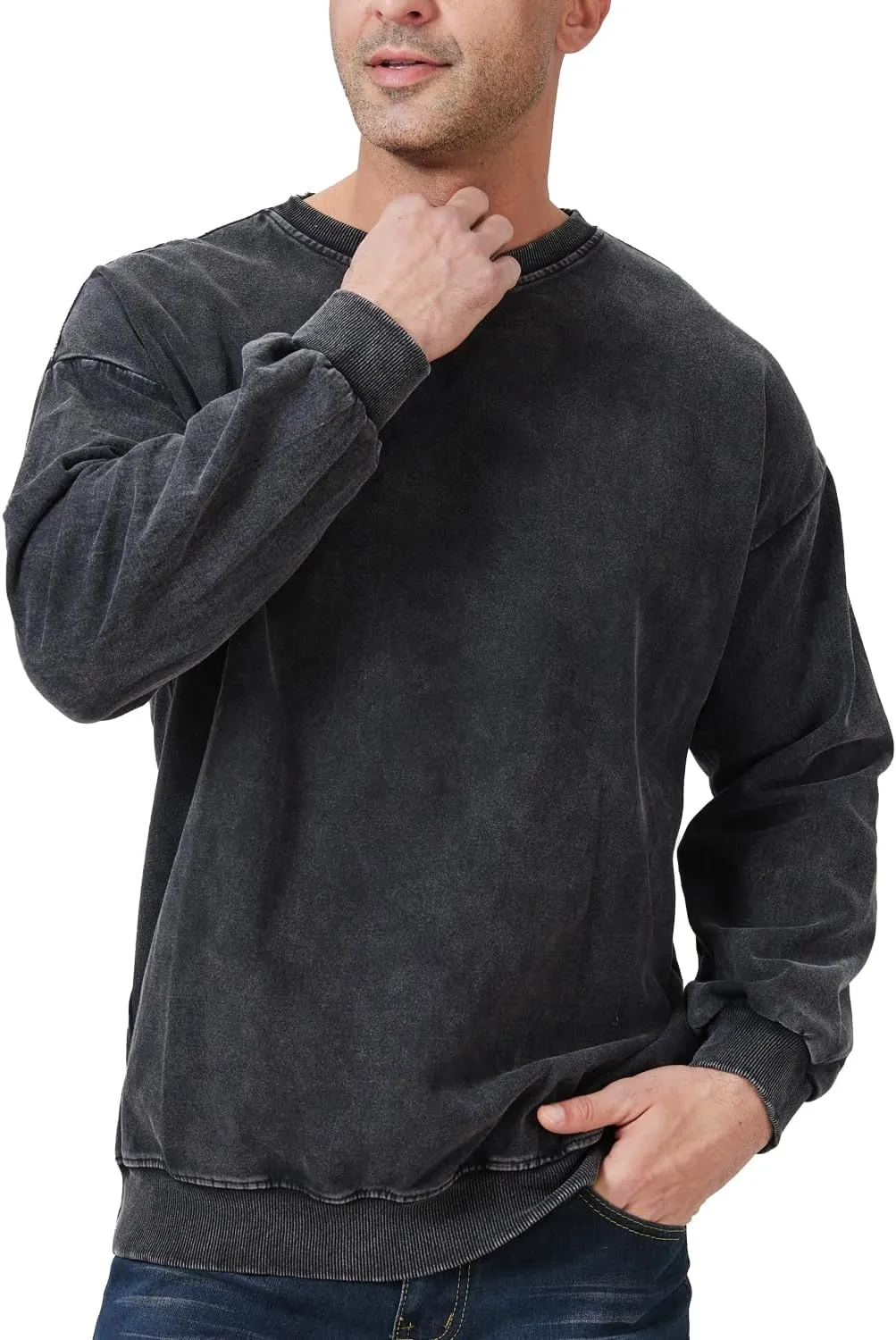Men's Crewneck Sweatshirts Vintage Oversized Hiphop Acid Wash Long Sleeve Pullover Cotton Black Top