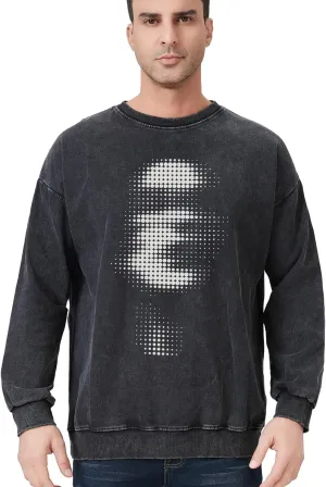 Men's Crewneck Sweatshirts Vintage Oversized Hiphop Acid Wash Long Sleeve Pullover Cotton Black Top