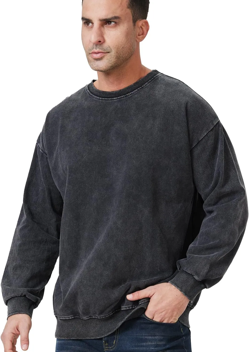 Men's Crewneck Sweatshirts Vintage Oversized Hiphop Acid Wash Long Sleeve Pullover Cotton Black Top