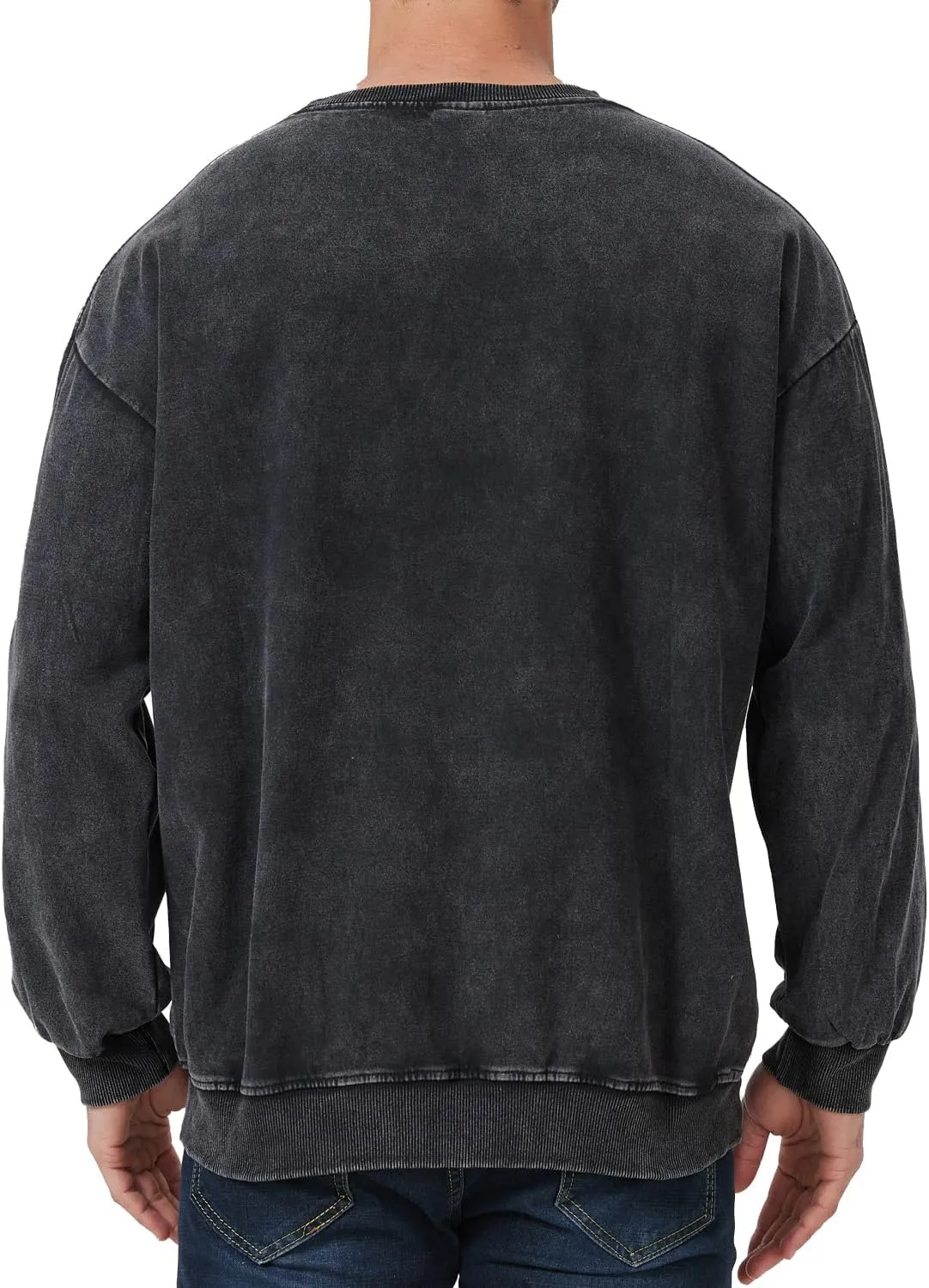 Men's Crewneck Sweatshirts Vintage Oversized Hiphop Acid Wash Long Sleeve Pullover Cotton Black Top