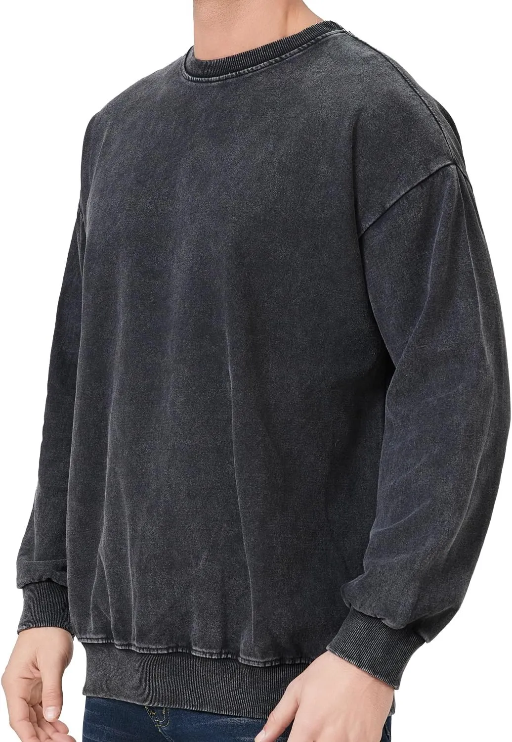 Men's Crewneck Sweatshirts Vintage Oversized Hiphop Acid Wash Long Sleeve Pullover Cotton Black Top