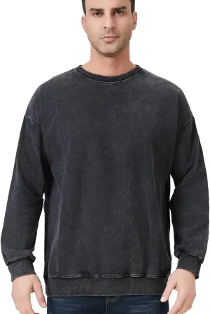 Men's Crewneck Sweatshirts Vintage Oversized Hiphop Acid Wash Long Sleeve Pullover Cotton Black Top