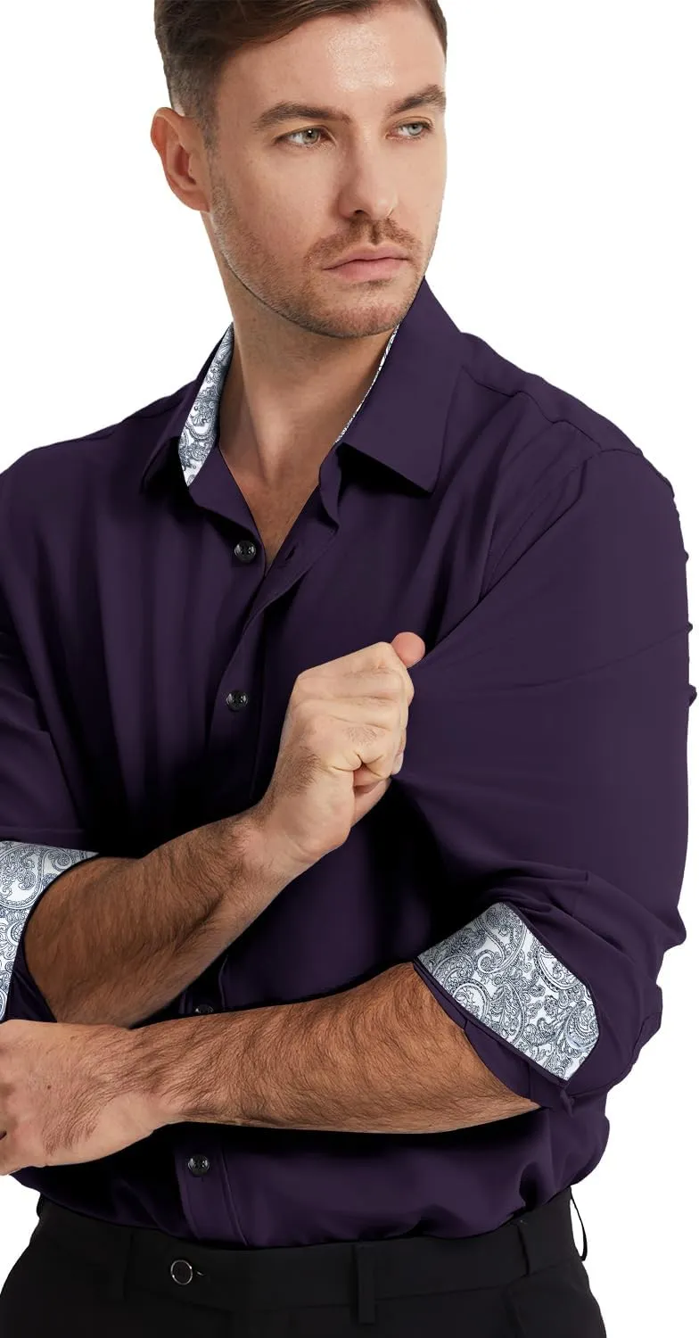 Men's Dress Shirts Long Sleeve Wrinkle-Free Button Down Shirt Men Inner Contrast Stretch Formal Shirts